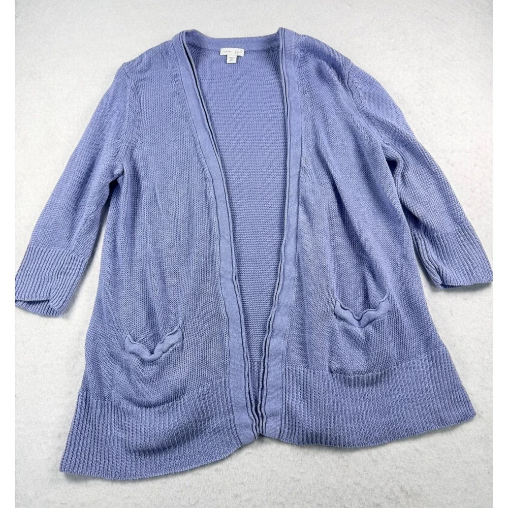 J. Jill Love Linen Cardigan Sweater XS Blue Open Front 100% Linen 3/4 Sleeve 519